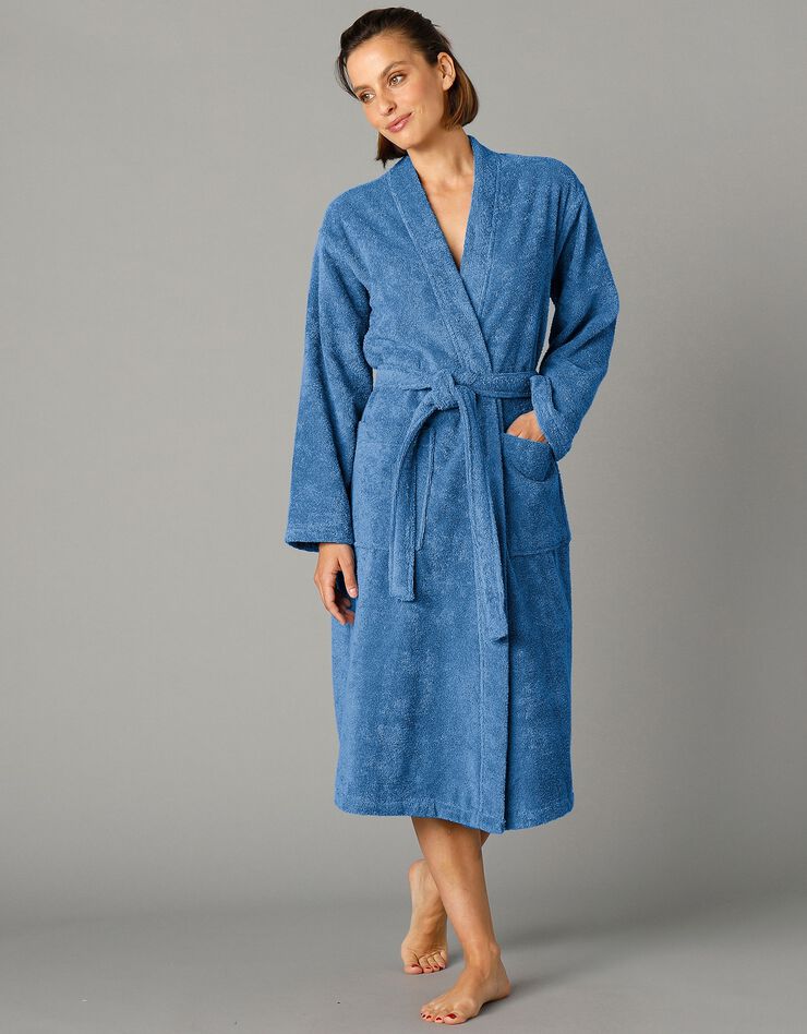 Peignoir mixte adulte col kimono éponge bouclette  (bleu jean)