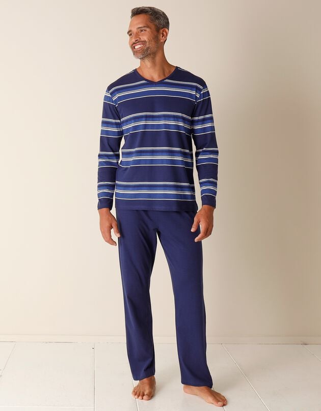 Pyjama col V coton rayé (bleu marine)
