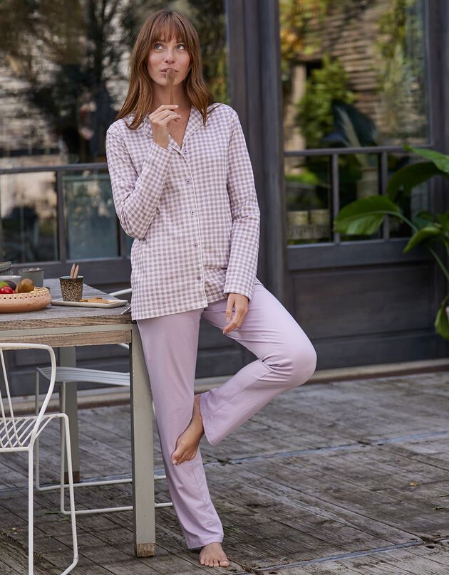 Pyjama imprimé carreaux - col tailleur (parme)