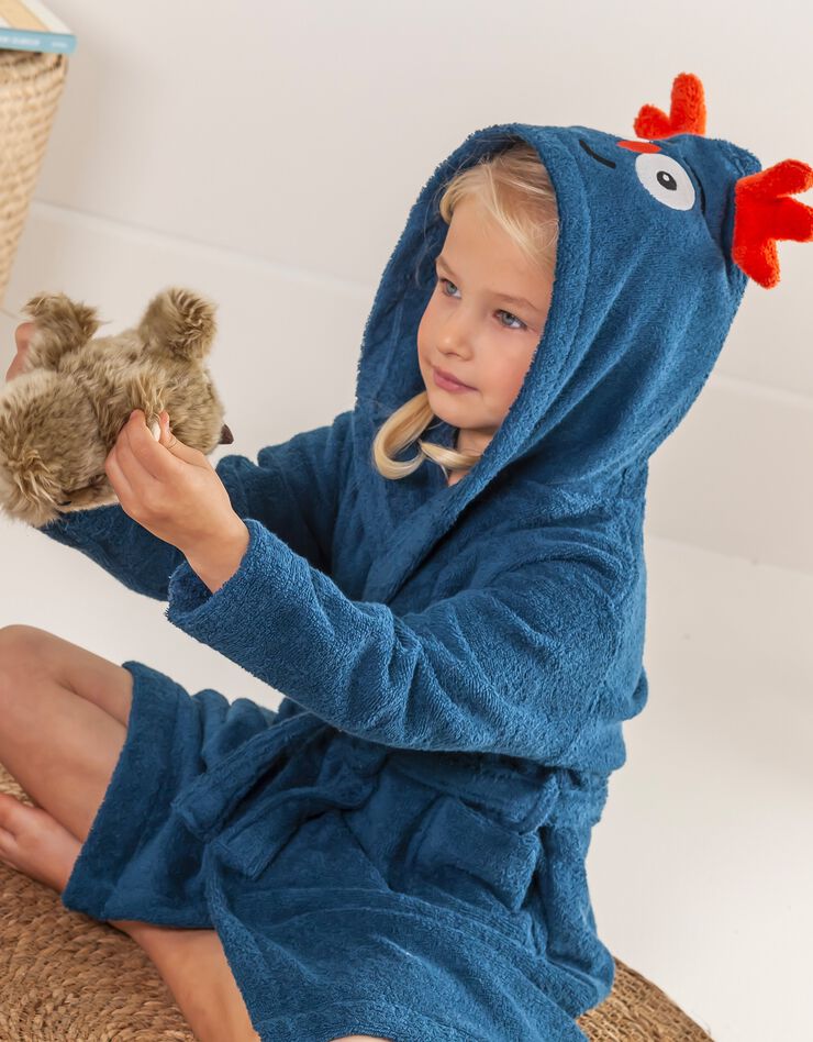Peignoir de bain enfant Chouki motif chouette éponge coton - 380g/m2 (bleu paon)