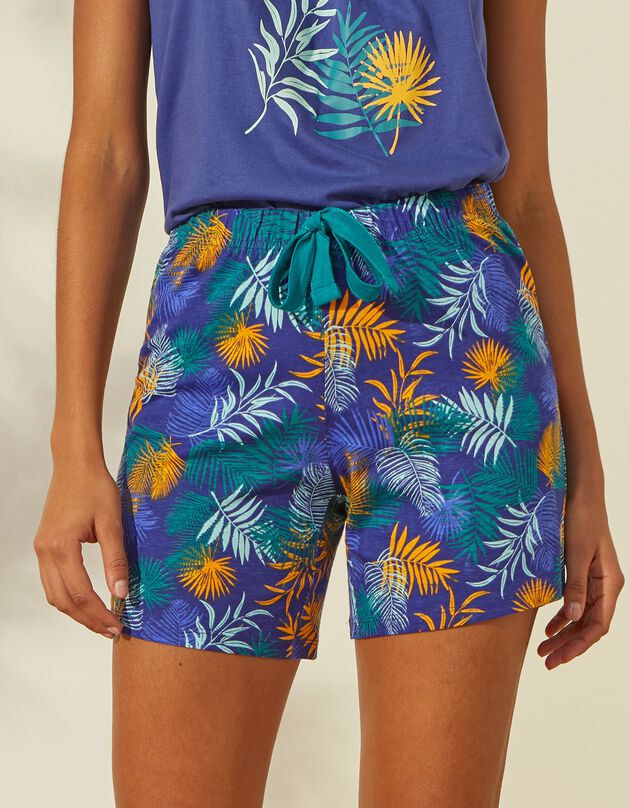 Short de pyjama en coton - imprimé tropical (bleu / safran)