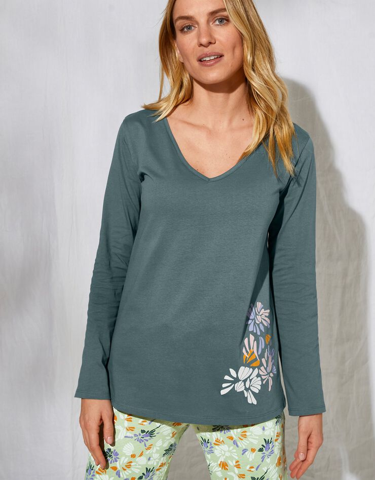 Tee-shirt pyjama manches longues imprimé placé "pétales de fleurs" (vert sauge)