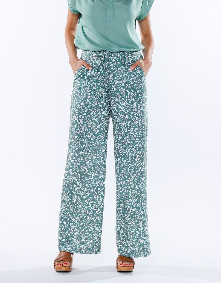 Pantalon large ceinturé imprimé bicolore (vert / écru)