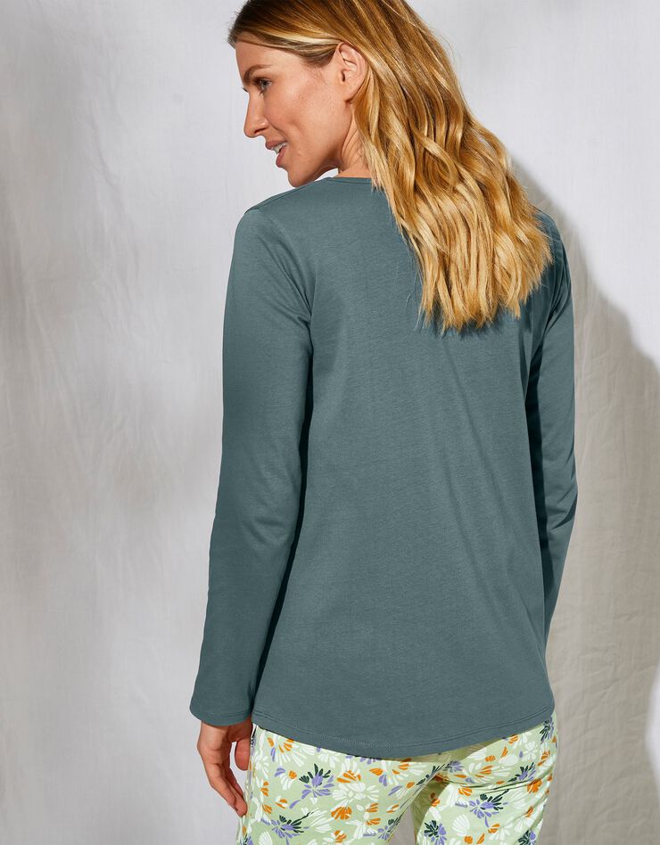 Tee-shirt pyjama manches longues imprimé placé "pétales de fleurs" (vert sauge)